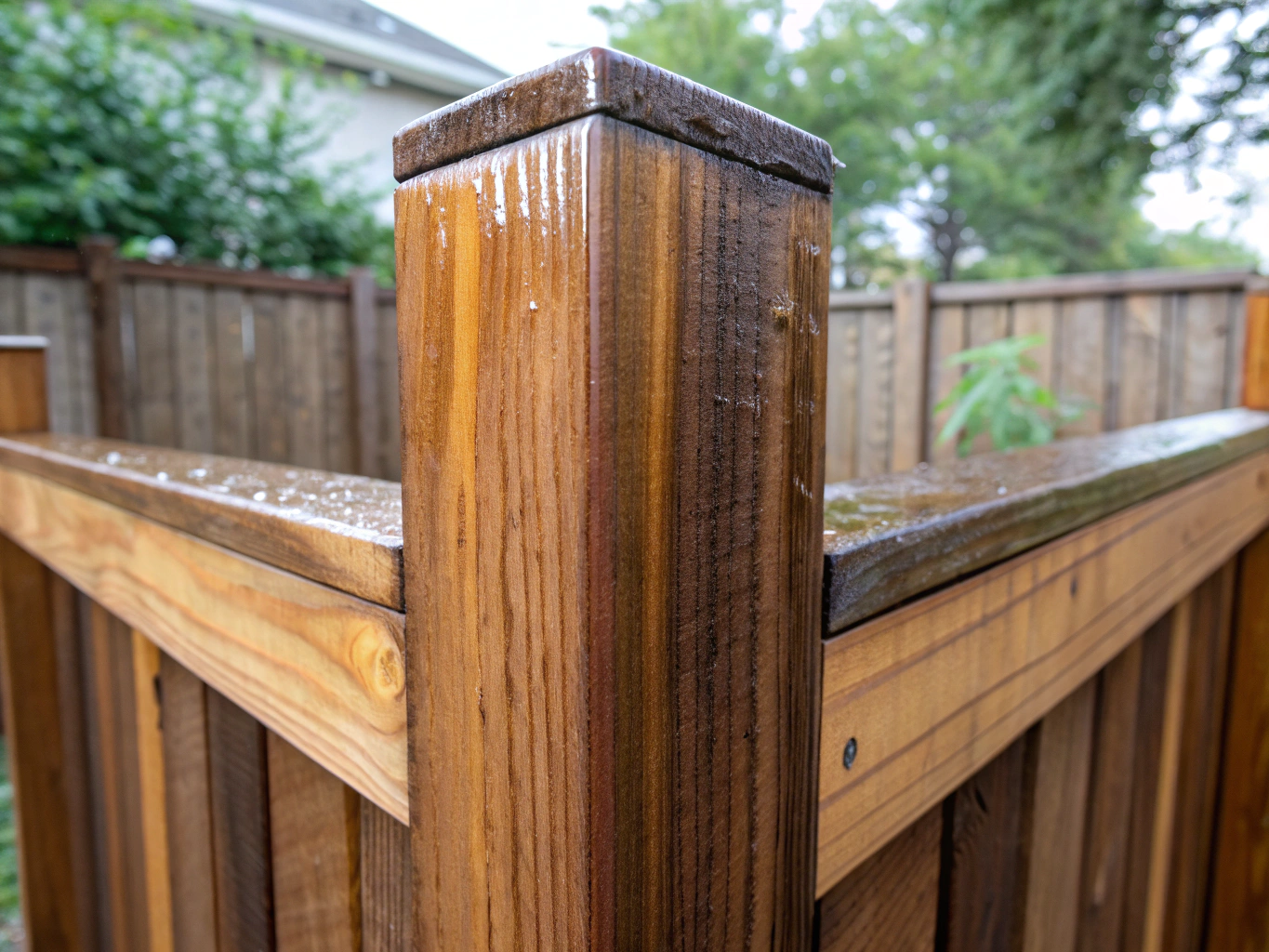 High-end professionally stained wooden fence with rich grain detail